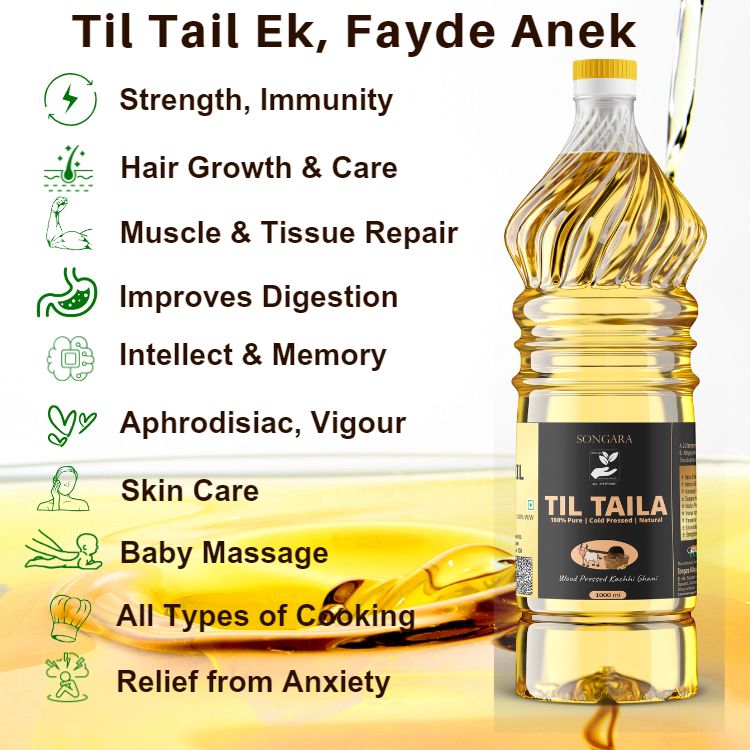 Songara Til Tail | Wood Pressed Sesame Oil| Kolhu/Kacchi Ghani Oil for Cooking| Natural | Chemical-Free | Cold Pressed