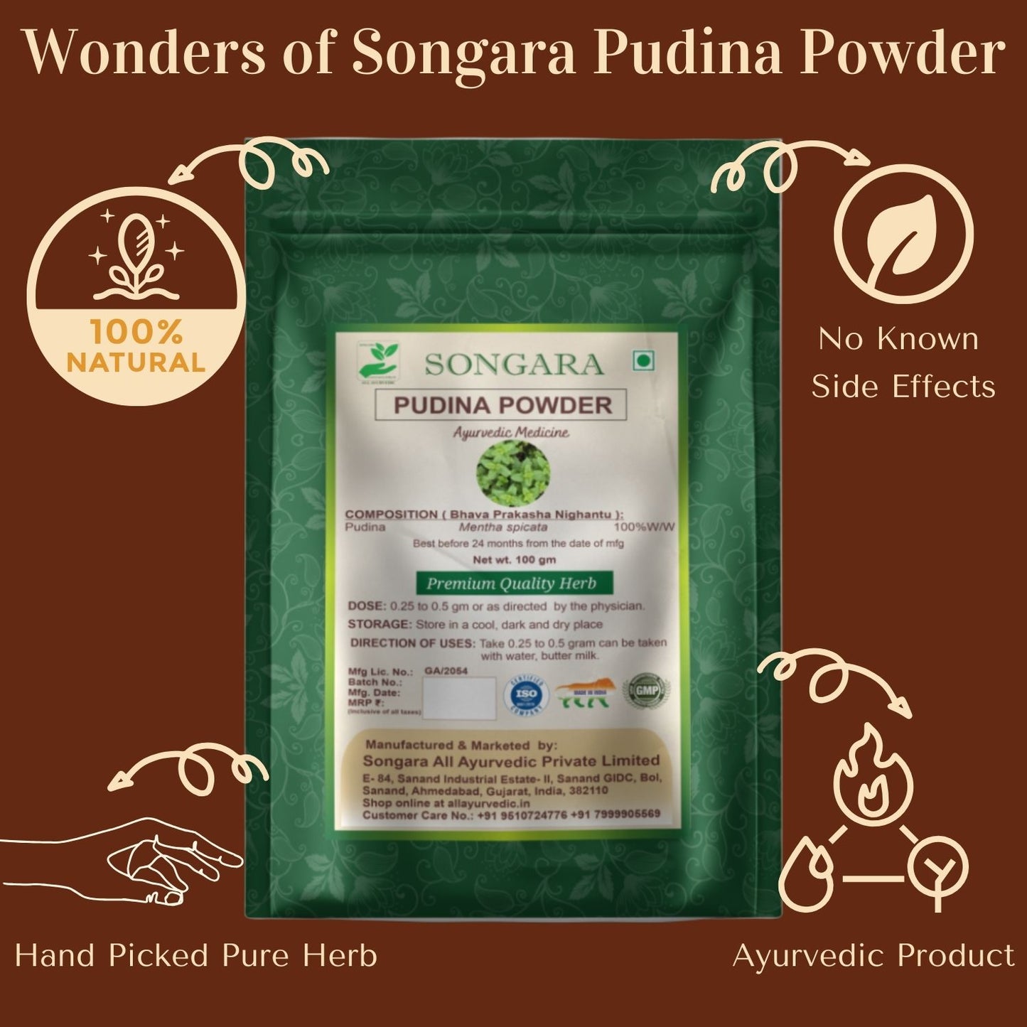 Songara Pudina Powder - (Mentha spicata) herbal remedy for bloating and gas