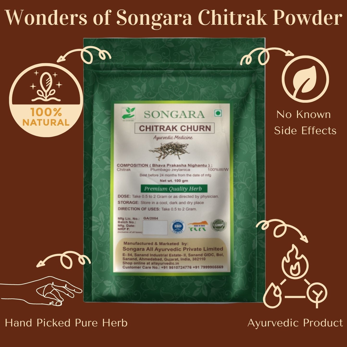 Songara Chitrak Powder: (Plumbago zeylanica) Supports Healthy Metabolism Constipation Indigestion Piles Muscular Pain