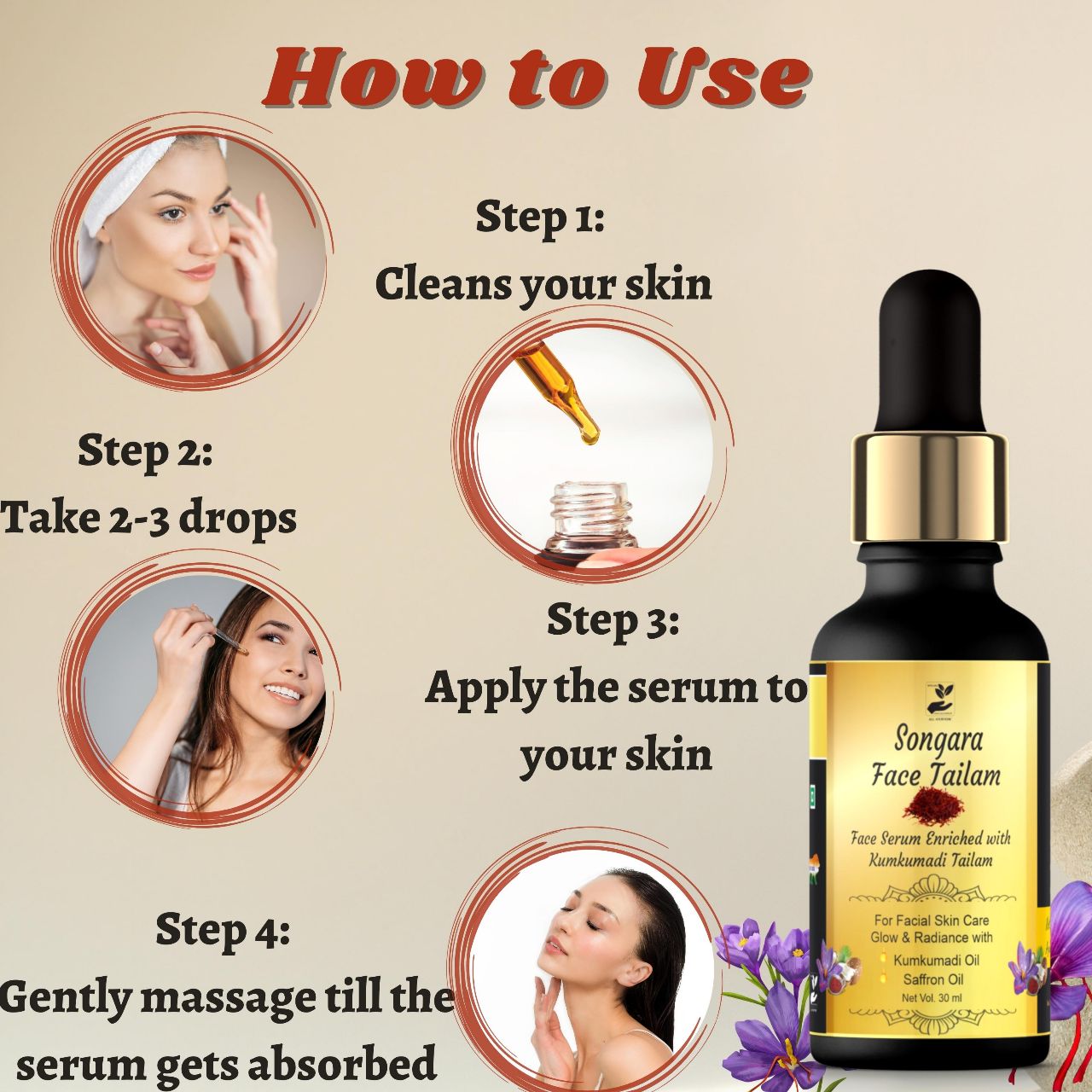 Songara Face Serum - enriched with Kumkumadi Tailam for Radiant & Glowing Skin | Non sticky(30 ml) - Oil