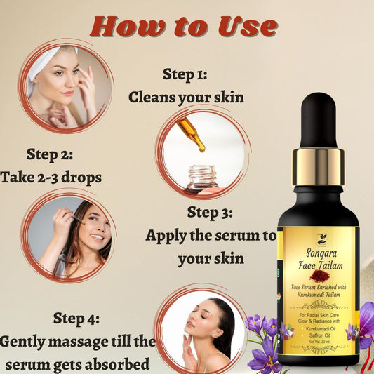 Songara Face Serum - Enriched with Kumkumadi Tailam for Radiant Healthy & Glowing Skin | Non sticky (30 ml) - Oil