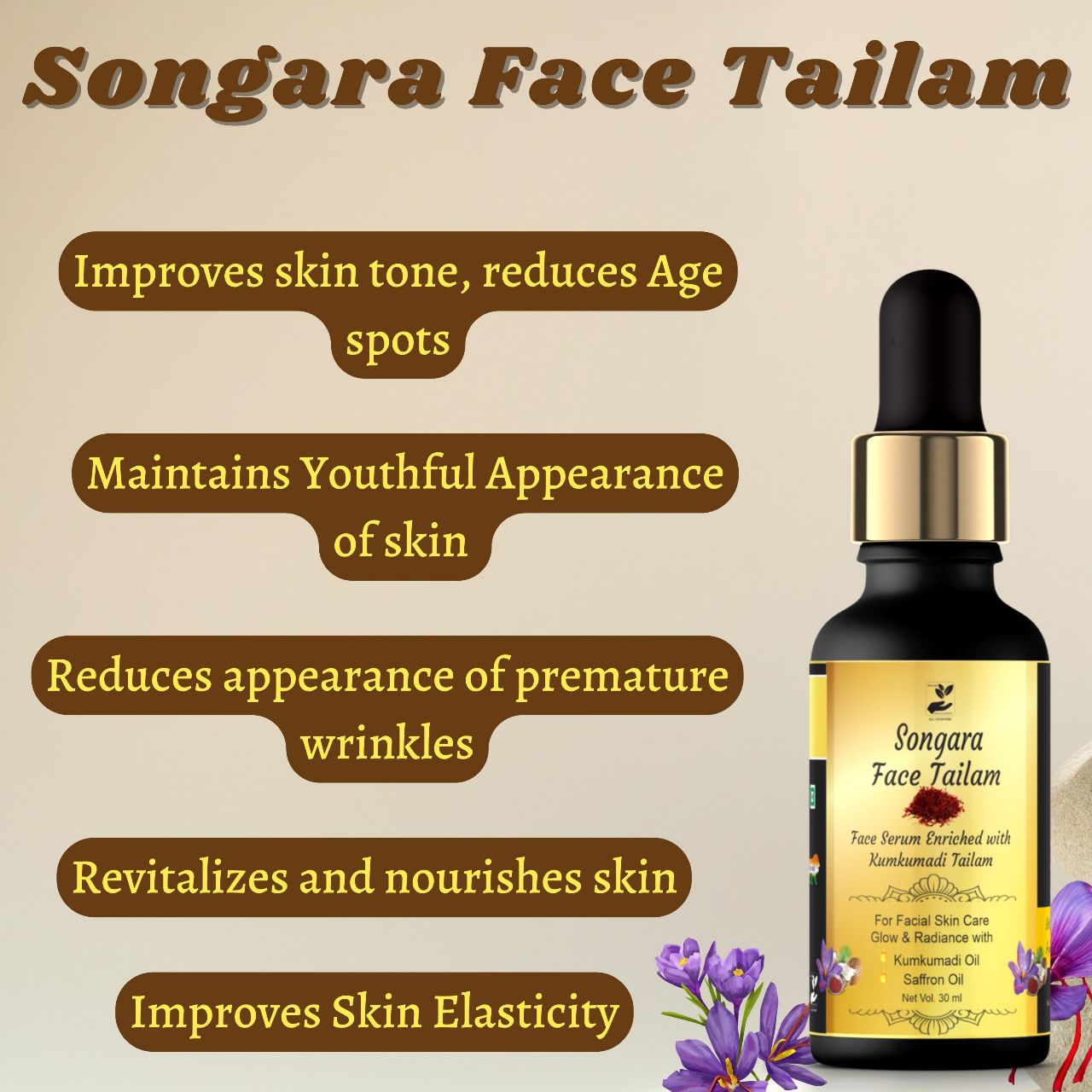 Songara Face Serum - enriched with Kumkumadi Tailam for Radiant & Glowing Skin | Non sticky(30 ml) - Oil