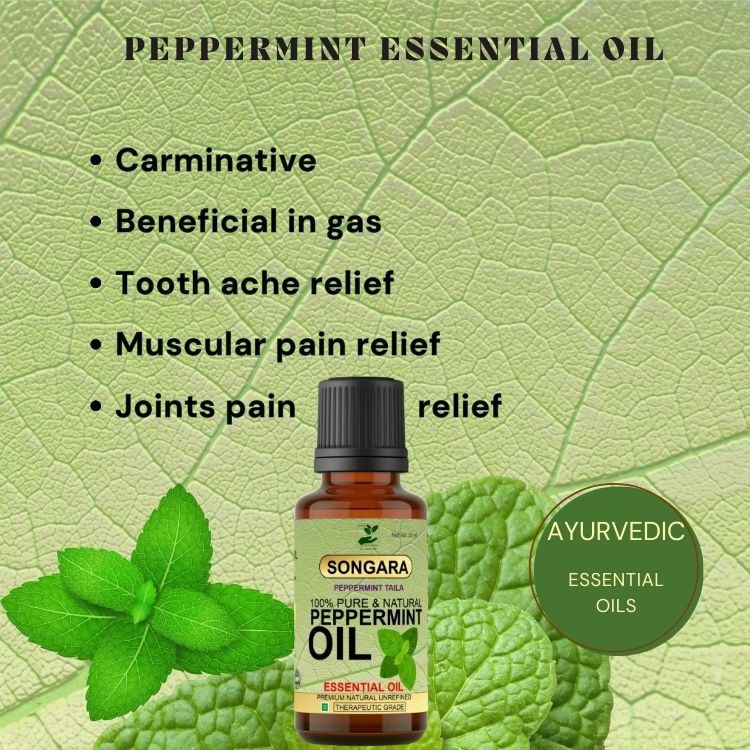 Songara Peppermint Essential Oil | Undiluted Pure, Ayurvedic and Natural Therapeutic grade for Steaming, Hair, Skin, Face & Diffuser| Cooling & Refreshing Care for Face & Body | 100% Pure, Natural, Ayurvedic Essential Oil | 20ML