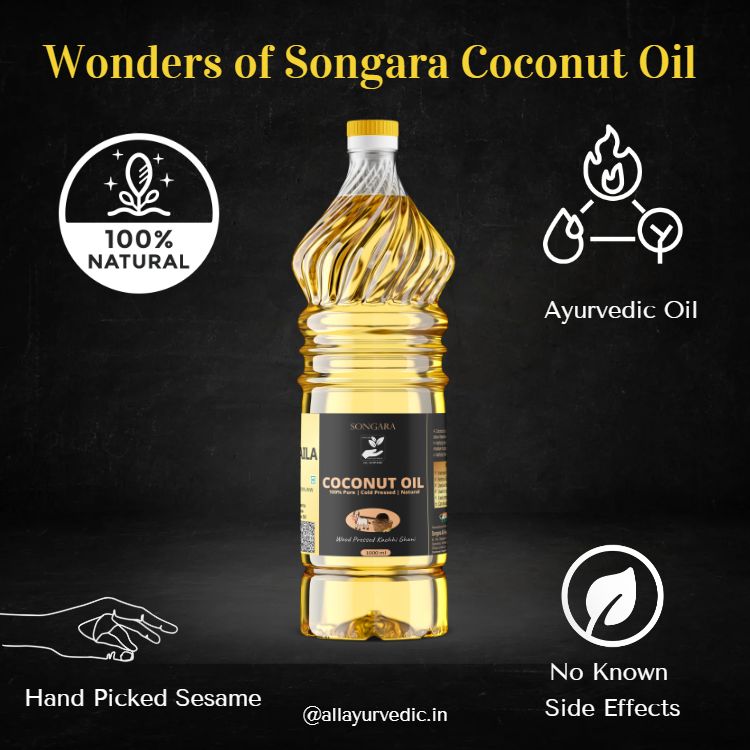 SONGARA Coconut Oil- Purely Ayurvedic| Cold Pressed, Chemical-Free | Kachhi Ghani | Wood Pressed Oil for Cooking, Hair & Medicinal Uses| Natural & Safe (Pack of 1)