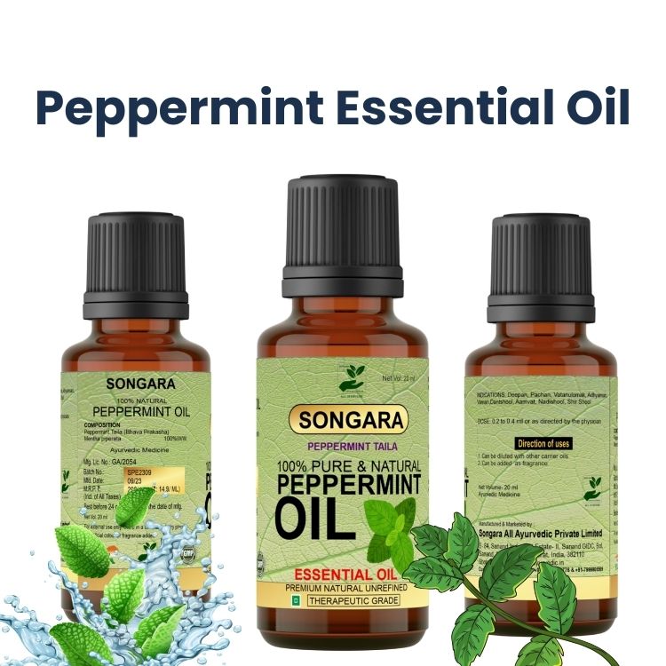 Songara Peppermint Essential Oil | Undiluted Pure, Ayurvedic and Natural Therapeutic grade for Steaming, Hair, Skin, Face & Diffuser| Cooling & Refreshing Care for Face & Body | 100% Pure, Natural, Ayurvedic Essential Oil | 20ML
