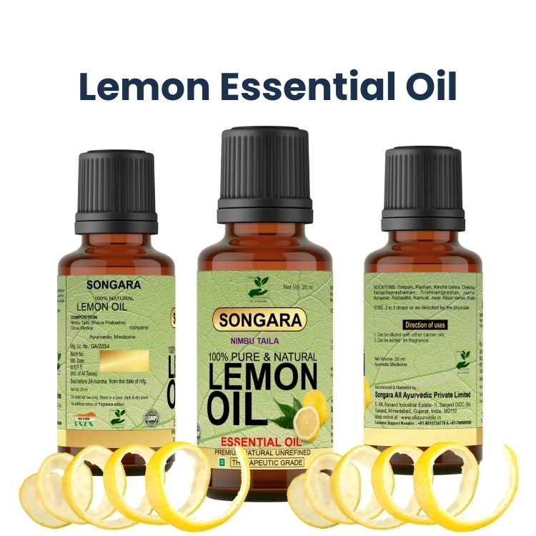 Songara Lemon Essential Oil | Nimbu Taila | Boosts Skin, Hair, and Scalp Vitality | Revitalizing & Brightening Care for Face & Body | 100% Pure, Natural, Ayurvedic Essential Oil | 20ML